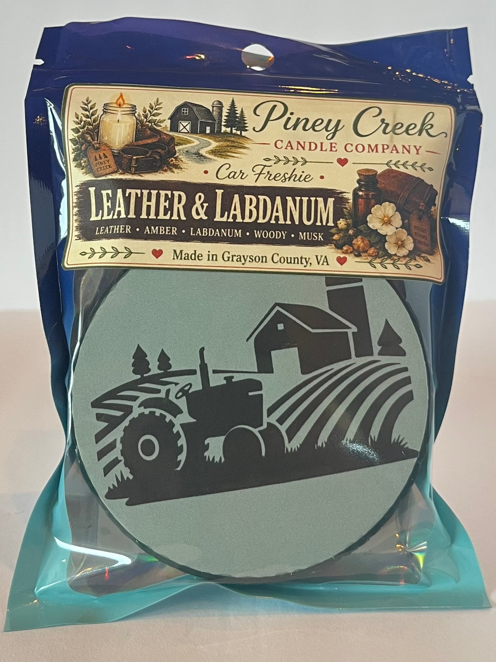 Candle Group Rustic Farm Tractor Car Freshie – Leather & Labdanum – Piney Creek Candle Company